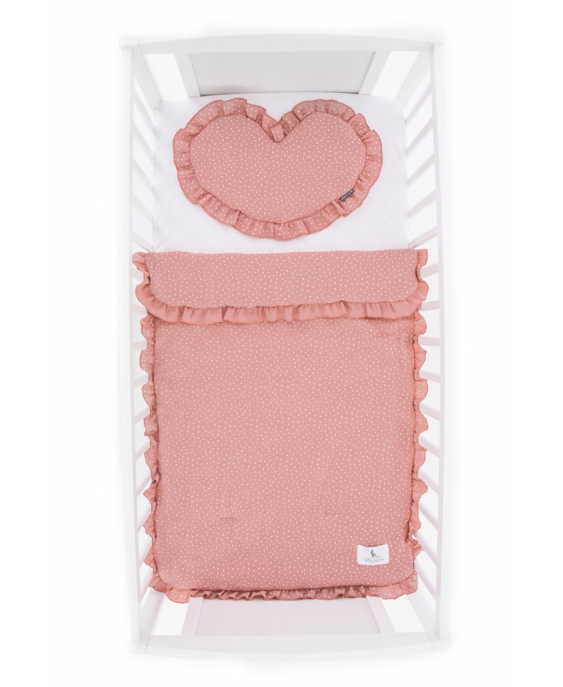 Pościel muślinowa dziecięca – poduszka serce + kołderka Kropeczki Baby Pink